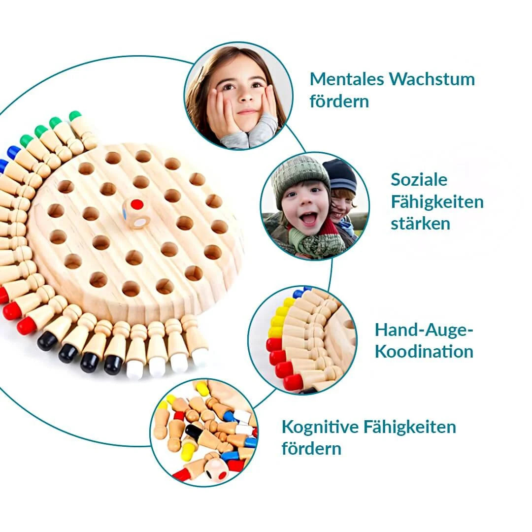 Montessori Holzspiel „MerkHeld“ mit farbigen Spielfiguren und Würfel – fördert kognitive Fähigkeiten, Hand-Auge-Koordination, soziales Lernen und mentales Wachstum bei Kindern.