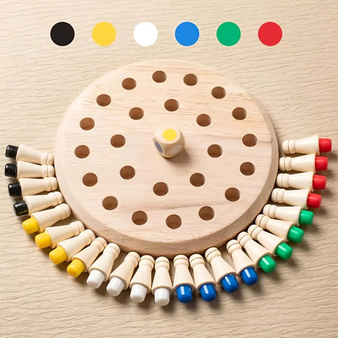 Montessori Lernspiel aus Holz mit Farbwürfel und bunten Spielfiguren – fördert Farberkennung, Gedächtnis und Konzentration bei Kindern, Erwachsenen und Senioren gleichermaßen.